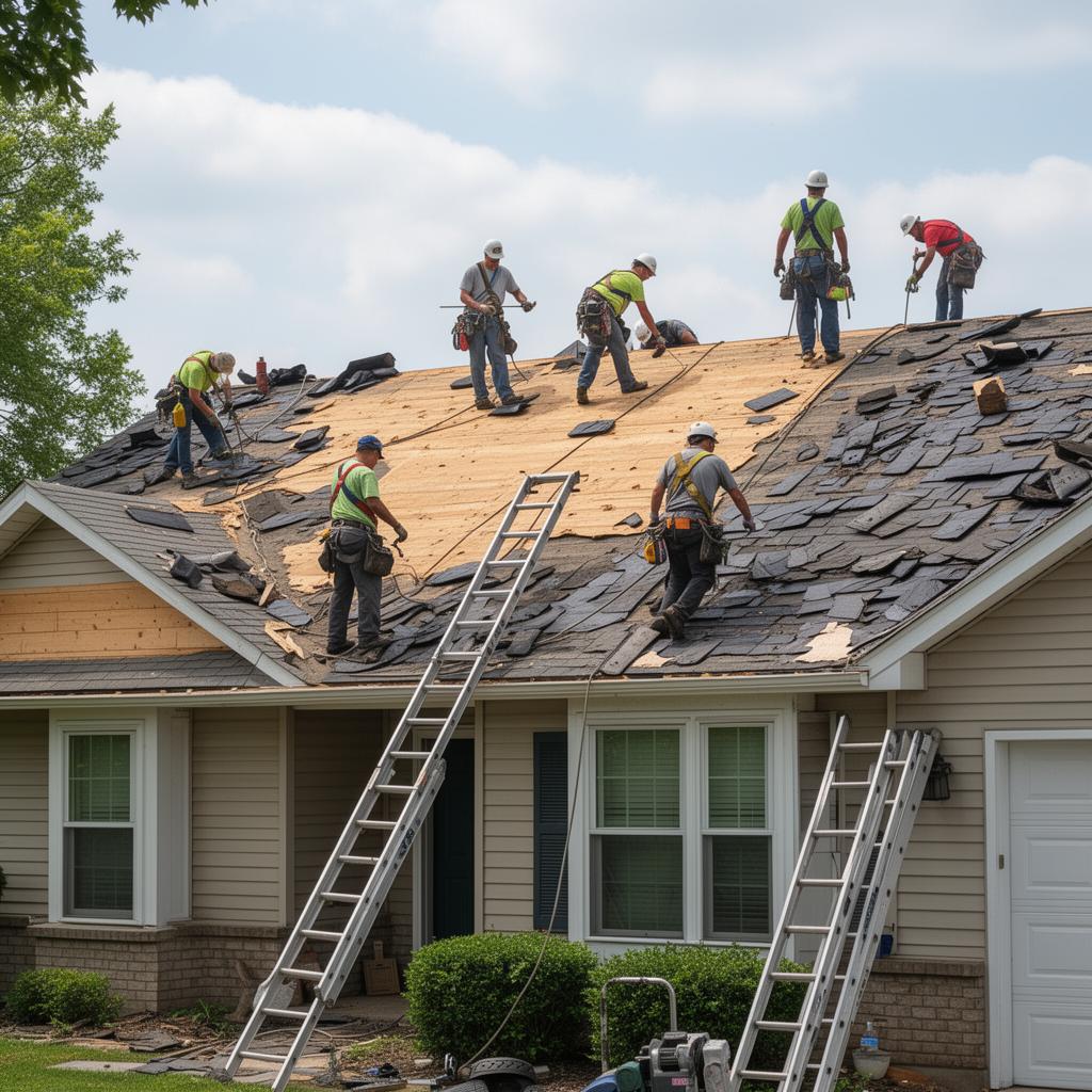 Roof installation crew working on a residential home