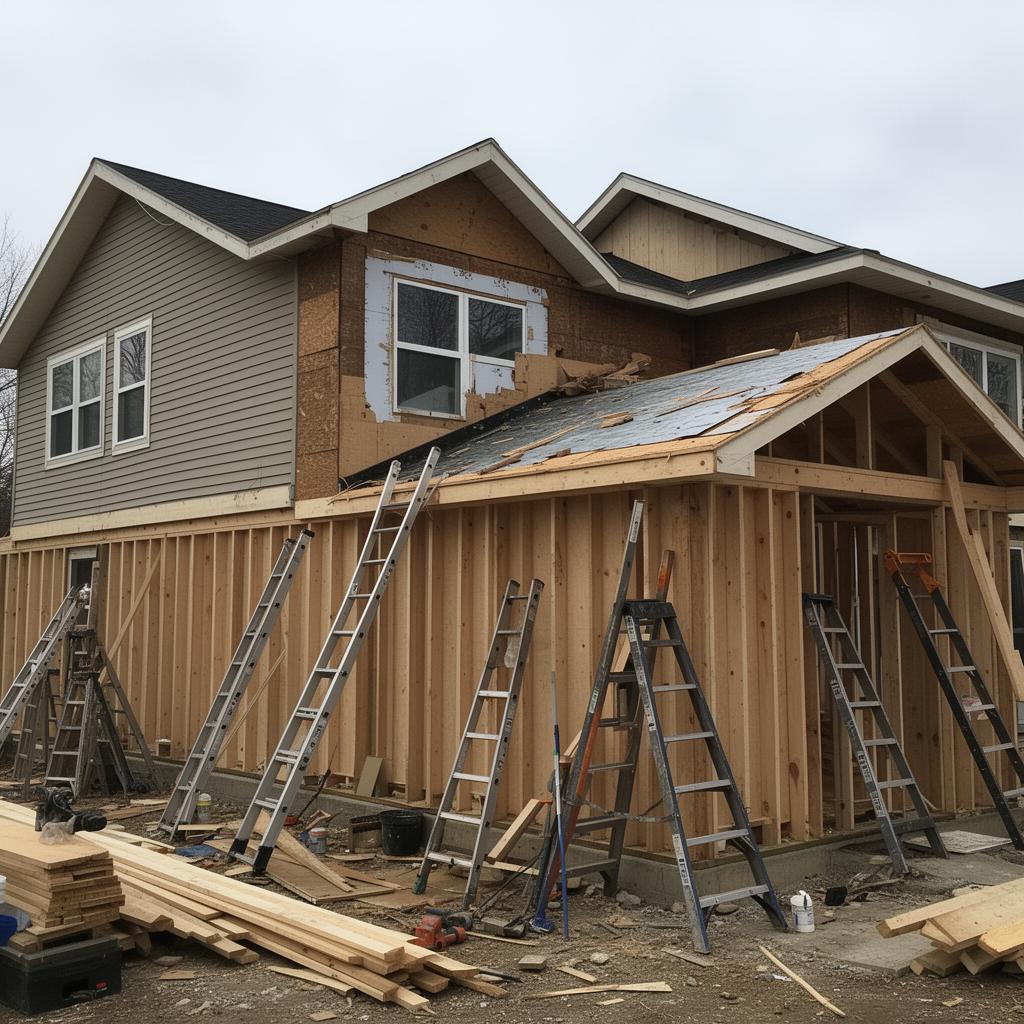 Contractor installing exterior materials on a suburban home